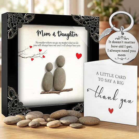 Mothers Day Mom Gifts from Daughters – 4.7" Pebble Art Frame Mothers Day Plaque, Engraved Mom Keychain, Card – Birthday Gift Set for Moms, Mother, Mama from Daughter Son, Best Mum Ever Keepsake S15-47