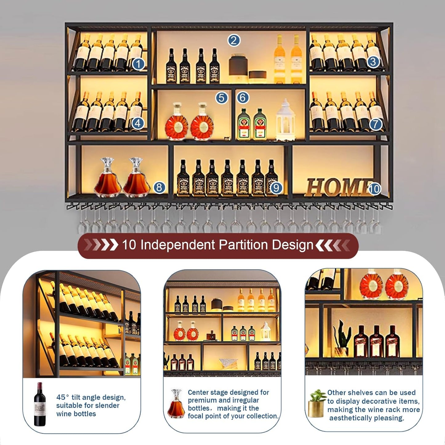 59Inch Wall Mounted Wine Rack, 3 Tiers Large Bar Shelves with 14 Glass Holder, Metal Wine Bottle Display Shelf, Modern Iron Liquor Shelf, for Kitchen Dining, Home Bar, Cellar (59.1" W)