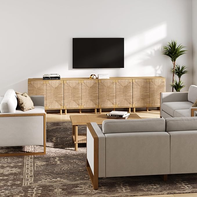 Nathan James Beacon Accent Natural Sideboard Storage Cabinet TV Stand in Light Wood with Adjustable Interior Shelf and Seagrass Doors, for Hallway, Entryway or Dining Room, Light Brown, Set of 4