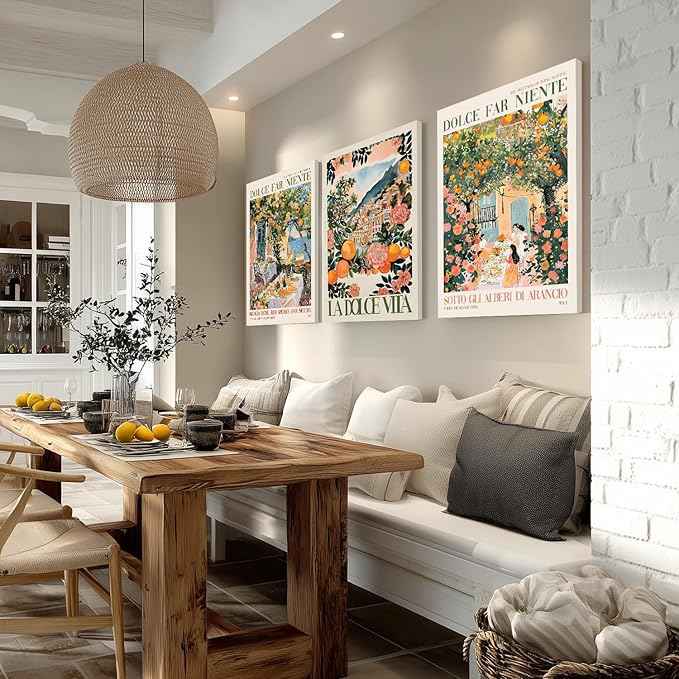 Cyebmo Framed Italy Travel Wall Art set of 3, Trendy Amalfi Coast Wall Decor, Italian Food Wrapped Canvas Artwork, Vintage Italian City Poster Prints for Bedroom Dining Room Living Room 16"x24"x3