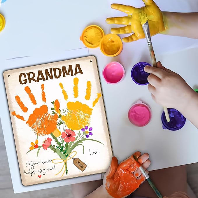 Custom DIY Baby Handprint Flowers Wooden Hanging Sign, Personalized Flowers for Grandma with Kids Handprint, Baby's First Mothers Day Gifts for Grandma, Kids Art Craft, Thanks for Helping Us Grow