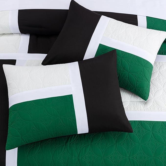 Chezmoi Collection Upland 7-Piece Quilted Patchwork Comforter Set, Green/Black/Cream White, King