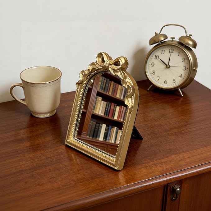 Vintage Carved Resin Desk Mirror - 8x6 Inch Decorative Vanity Mirror for Makeup, Dorm, Bedroom & Tabletop Deco (Bow Gold, 8" L x 6" W)