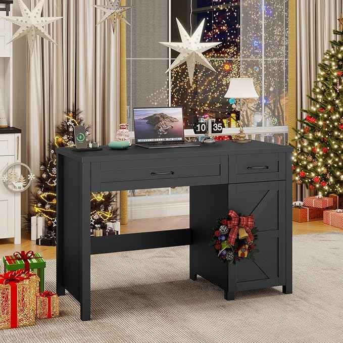 Vabches Farmhouse 47" Executive Desk, Computer Desk with Drawers and Storage Cabinet, Workstation Computer Desk for Home Office, Study.(Pure Black)