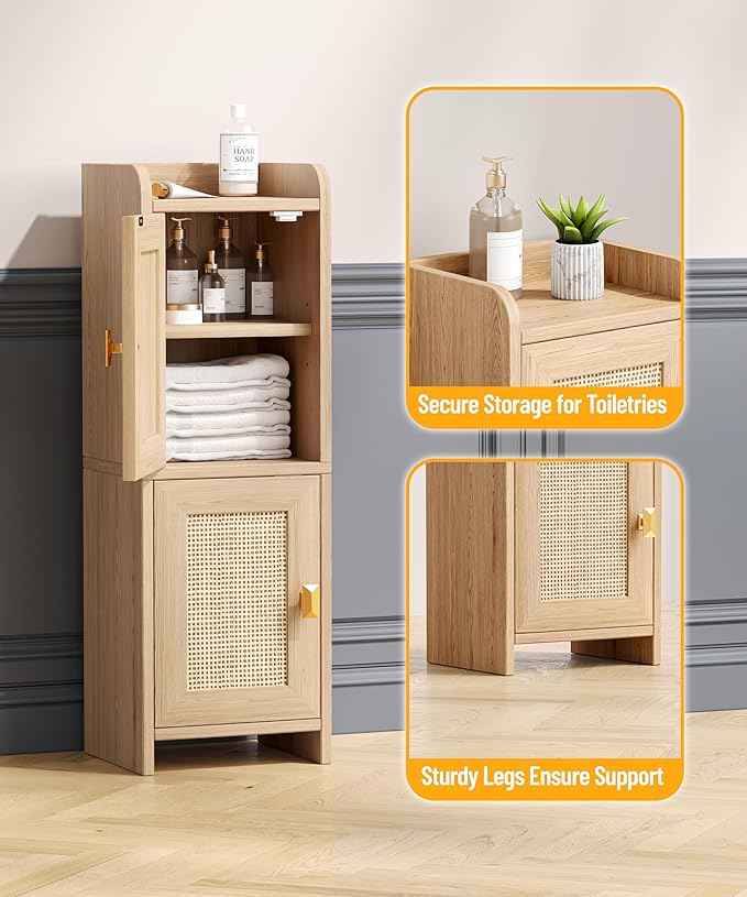 Rattan Small Bathroom Cabinet with 2 Doors, 7.9''D x 9.8''W Narrow Toilet Paper Storage Cabinet, Bathroom Organizer for Small Spaces, Wooden Slim Corner Unit with Adjustable Shelf, Natural Oak