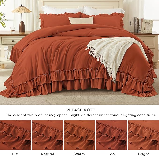 Andency Terracotta Twin Size Comforter Set, 2 Pieces Lightweight Fluffy Ruffle Bedding Set for Dorm, All Season Soft Farmhouse Shabby Chic Bed Set for Kids (66x90In), Burnt Orange