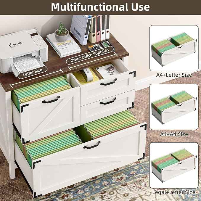 Wood Lateral File Cabinet with 4-Drawer for Hanging Files Letter/A4/Legal Size, Large Farmhouse Filing Cabinets for Home Office, Printer Stand with Office Cabinet, Office Furniture, White and Brown
