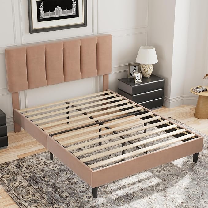 VECELO Full Bed Frame with Upholstered Headboard, Heavy-Duty Platform Bedframe with Strong Wooden Slats Support, No Boxing Spring Needed, Coffee