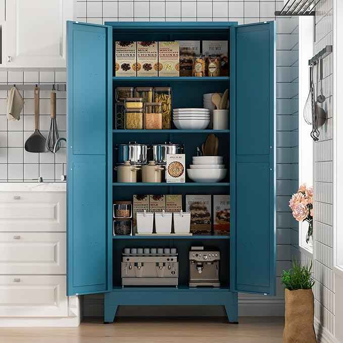 COFaR Home Farmhouse Storage Cabinet with Barn Door, Tall Kitchen Pantry Cupboard with Adjustable Shelves, for Dining Room, Bathroom, Living Room Blue.