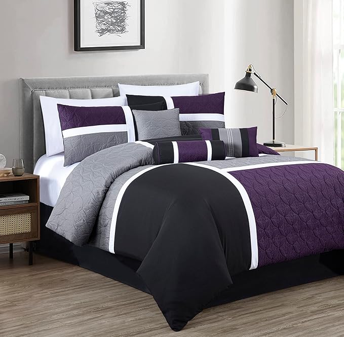 Chezmoi Collection Upland 7-Piece Quilted Patchwork Comforter Set, Purple/Black/Gray, Oversized King