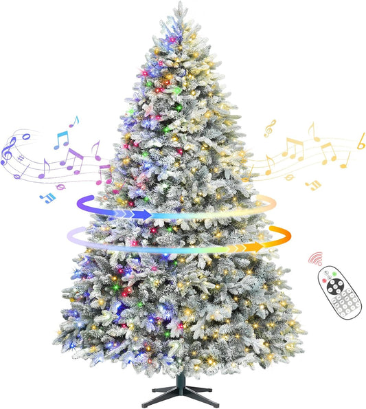 6.5FT Snow Flocked Pre-Lit Christmas Tree with 360° Rotating Base, 1036 PE/PVC Tips, 340 LED Lights, 8 Modes, Dimmable and Timer Functions, Musical Artificial Xmas Tree for Holiday Decor