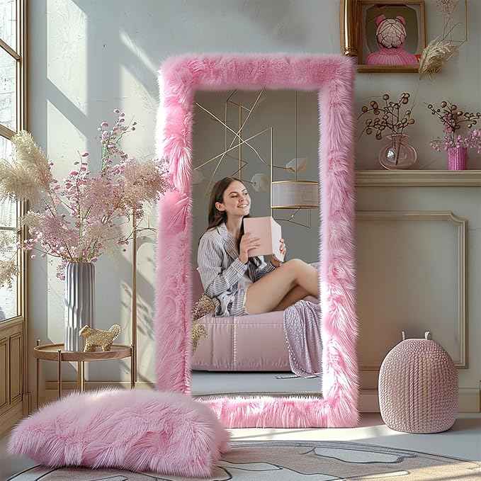 Full Length Mirror Free Standing Furry Faux Fur Framed Full Body Floor Mirror Wall Mounted Leaning Hanging Wall for Bedroom Hallway Entrance, 71"x32", Pink