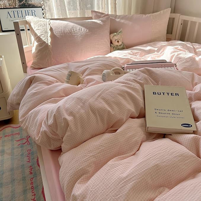 LifeTB Pink Gingham Comforter Set Full Size Soft Fluffy Romantic Lace Bedding Set Cottagecore Cute Plaid Checkered Comforter Set 3 Pieces Pink Grid Farmhouse Bedding Comforter with 2 Pillowcases