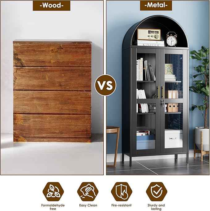 Metal Arched Cabinet with Lock,Arched Display Cabinet with Glass Doors and Shelves,Kitchen Pantry Cabinet for Dining Room, Home,Assembly Required (Black)