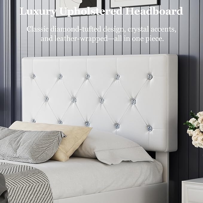 VECELO Twin Size Bed Frame with Storage Drawers, Leather Upholstered with Diamond Tufted Headboard, Solid Wood Slat Support, No Box Spring Needed, PU & White