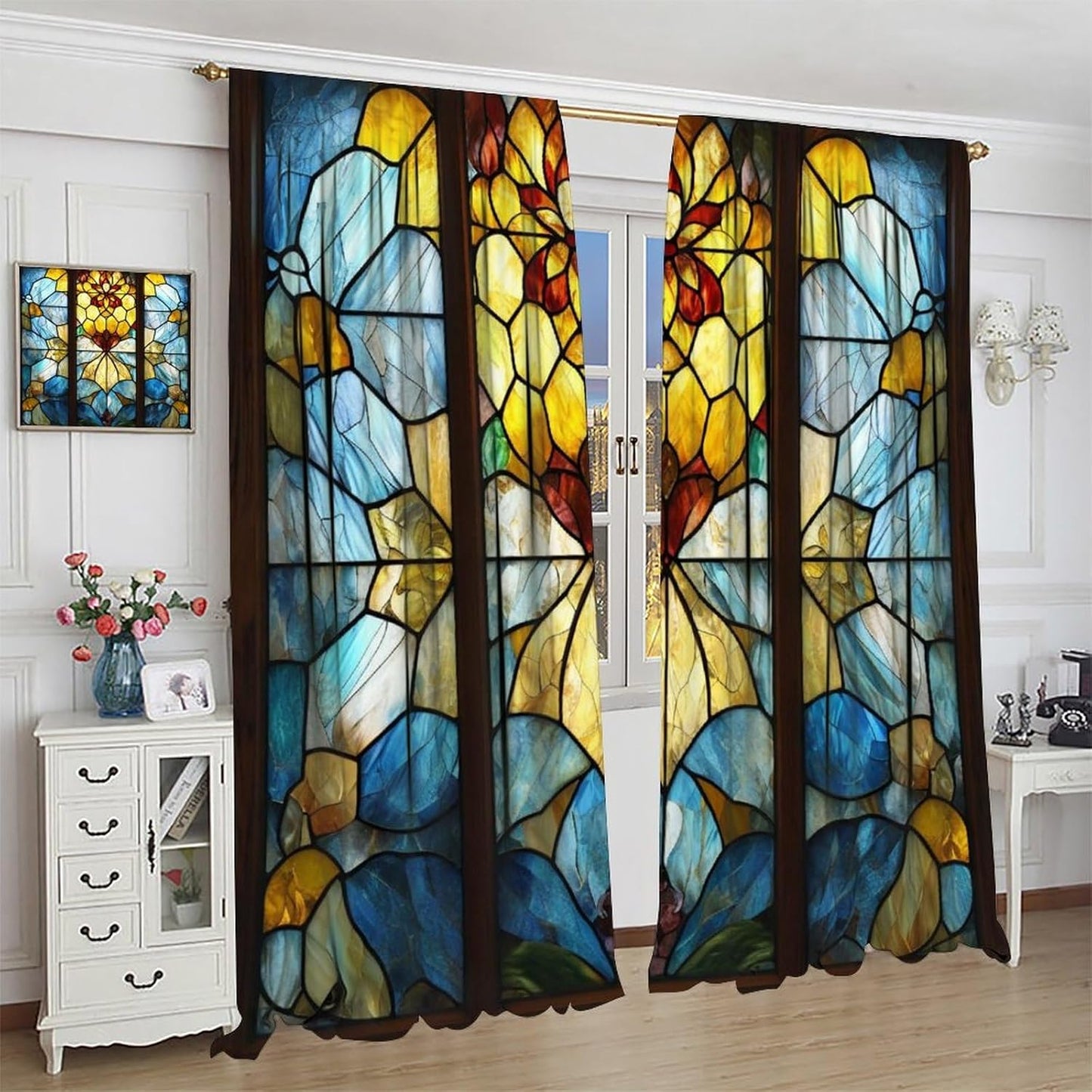 Stained Glass Curtains,Retro Abstract Colorful Art Home Decor Drapes for Bedroom Living Room Kitchen Window Treatment 2 Panels Set Total Size 42" W X 45" L Inch