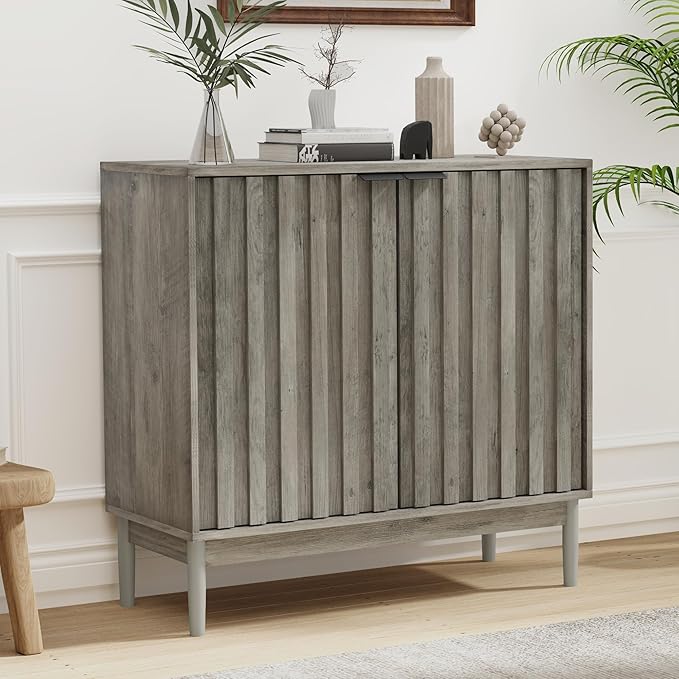 Fluted Cabinet with Storage, Small Buffet Cabinet Sideboard with Door, Kitchen Buffet Storage Accent Cabinets with Adjustable Shelves for Living Room, Entry, Hallway, Gray