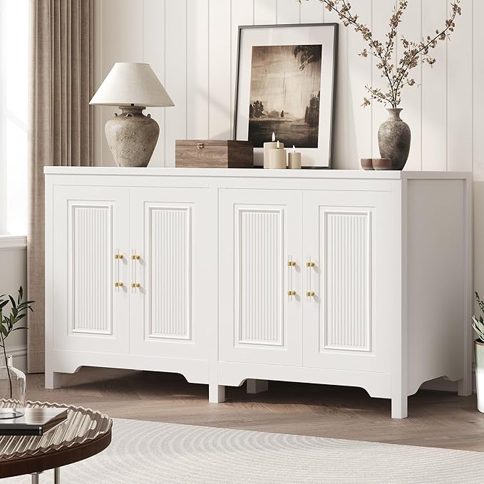 55'' Buffet Cabinet with Storage, Modern Fluted Door Design Sideboard Buffet Cabinet with Storage and Adjustable Shelf, Coffee Bar Station for Kitchen, Dining Room, Pure White