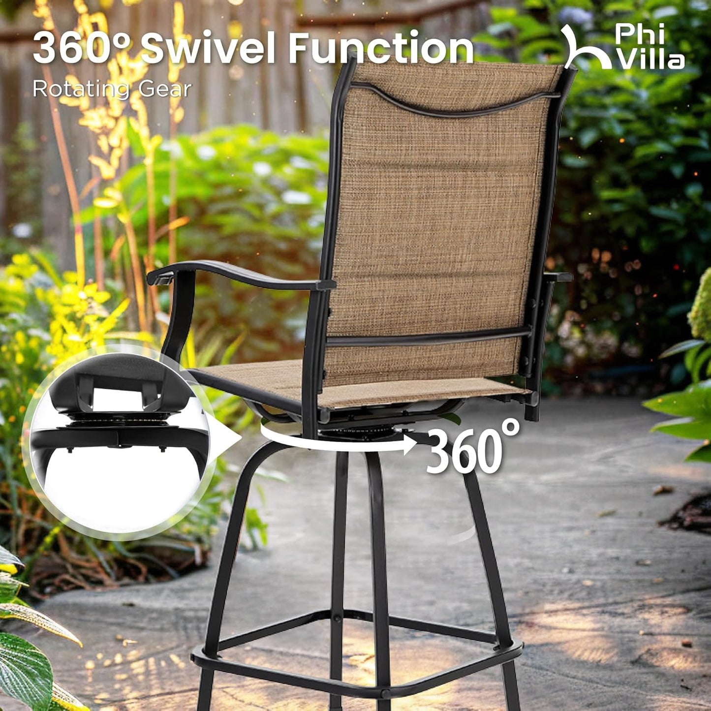 PHI VILLA 7 Piece Patio Bar Dining Set, Bar Height Outdoor Table and Chairs with 6 Swivel Bar Stools (Padded Textilene) & Large Rectangle Metal Table for Deck, Garden and Yard
