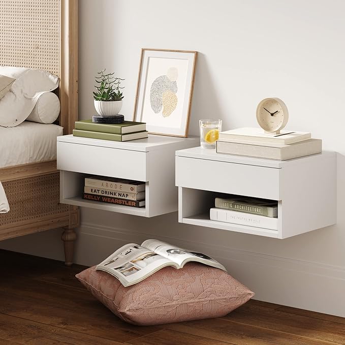 Nathan James Jackson Wall Mounted Floating Bedroom Nightstand with Storage Drawer and Modern Open Shelf Cubby Set of 2, White