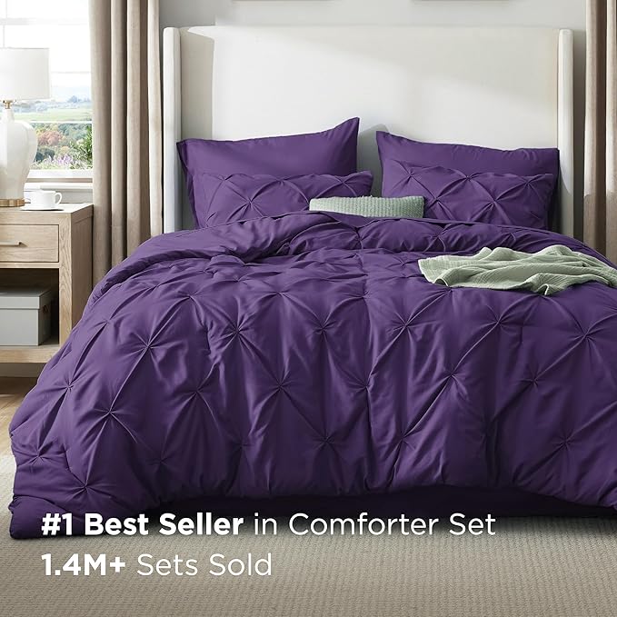 Bedsure California King Comforter Set Purple - Bed in a Bag Cal King Bedding Set 7 Pieces, GentleSoft™ Pintuck Bed Set Gift for Family, Pinch Pleat Purple Comforter with Sheets, Pillowcases & Shams