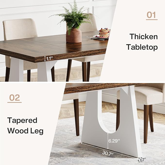 Tribesigns Large Dining Table for 6-8 People, 70.9" Wood Rustic Rectangular Table with White Wooden Legs, Farmhouse Center Kitchen Table for Dining Room, Living Room, Home Furniture (Brown & White)