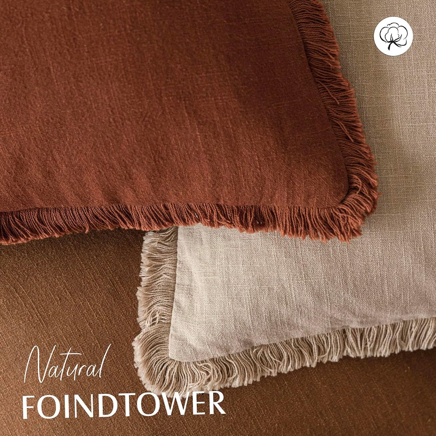 Foindtower Set of 2 Decorative Linen Fringe Throw Pillow Covers Cozy Boho Farmhouse Cushion Cover with Tassels Soft Accent Pillowcase for Couch Sofa Bed Living Room Home Decor,16×16 Inch,Orange Brown