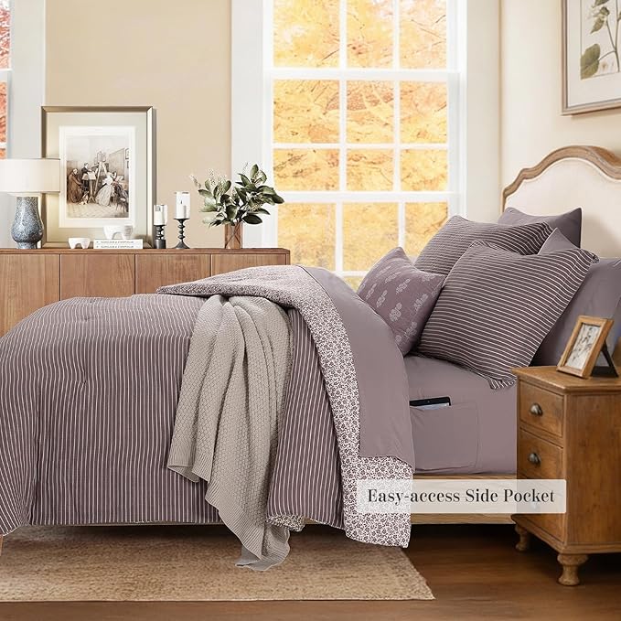 King Comforter Set - 7 Pieces Deep Purple Gauze Muslin Bedding Sets for All Seasons, Lightweight Breathable Bed in a Bag King with Revesible Farmhouse Comforter, Sheets, Pillowcases & Shams