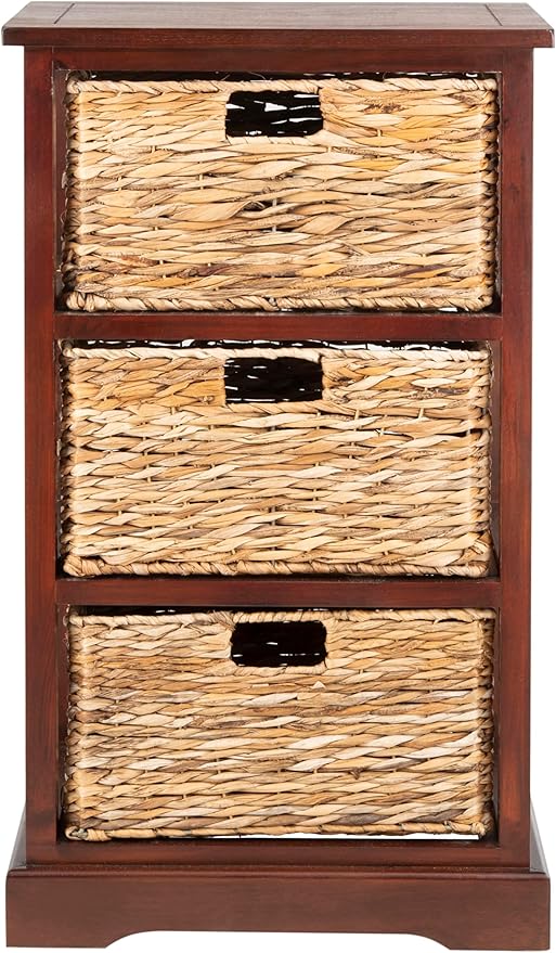 SAFAVIEH Home Collection – Halle Cherry Storage Side Table with Wicker Baskets, Farmhouse Accent Storage, Fully Assembled (AMH5738C)