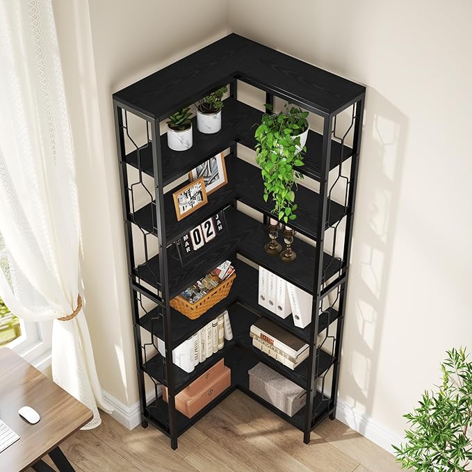 Tribesigns Corner Shelf, 7-Tier Industrial Corner Bookshelf, Wood and Metal Corner Etagere Bookcase, Freestanding Display Shelf for Living Room, Kitchen, Home Office, Light Black