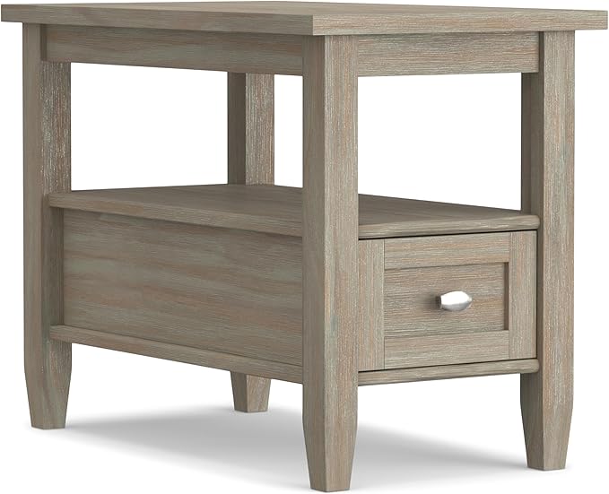 SIMPLIHOME Warm Shaker End Table - 14 inch Wide Solid Wood Narrow Side Table in Distressed Grey, Transitional Accent Table for Living Room or Bedroom with Drawer, Open Shelf and Square Tapered Legs