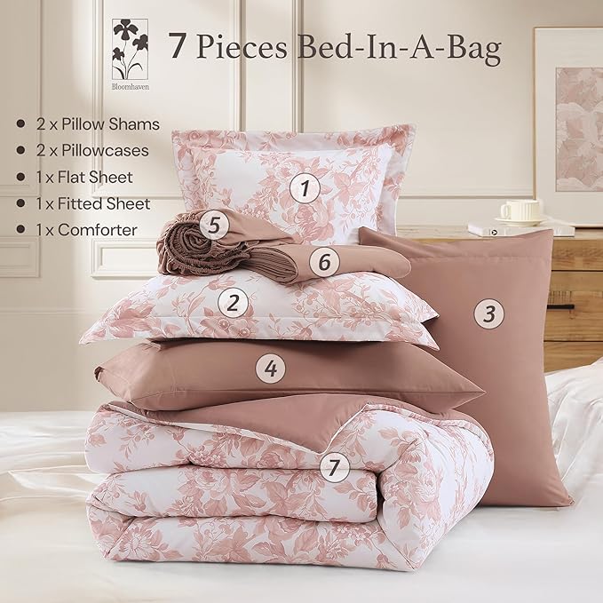 King Comforter Set -7 Pieces Pink Floral Comforter Set for All Seasons, Bed in a Bag King with Botanical Flowers Comforter, Sheets, Pillowcases & Shams