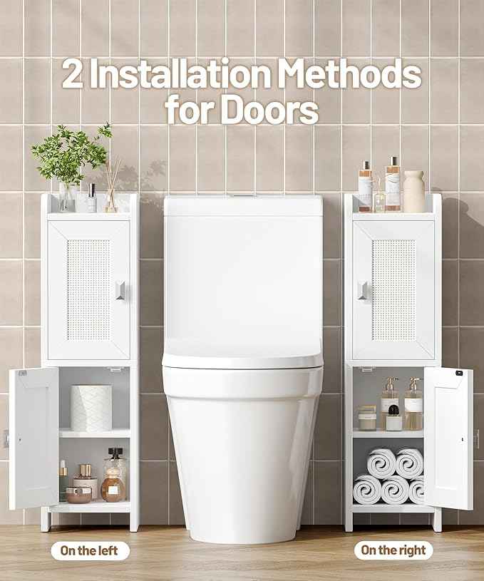 Rattan Small Bathroom Cabinet with 2 Doors, 7.9''D x 7.9''W Narrow Toilet Paper Storage Cabinet, Bathroom Organizer for Small Spaces, Slim Corner Unit with Adjustable Shelf, White Rattan