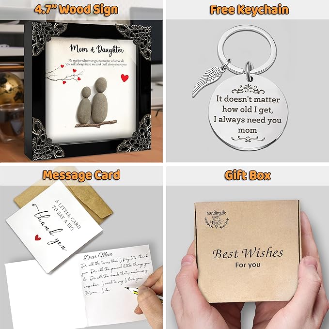 Mothers Day Mom Gifts from Daughters – 4.7" Pebble Art Frame Mothers Day Plaque, Engraved Mom Keychain, Card – Birthday Gift Set for Moms, Mother, Mama from Daughter Son, Best Mum Ever Keepsake S15-47