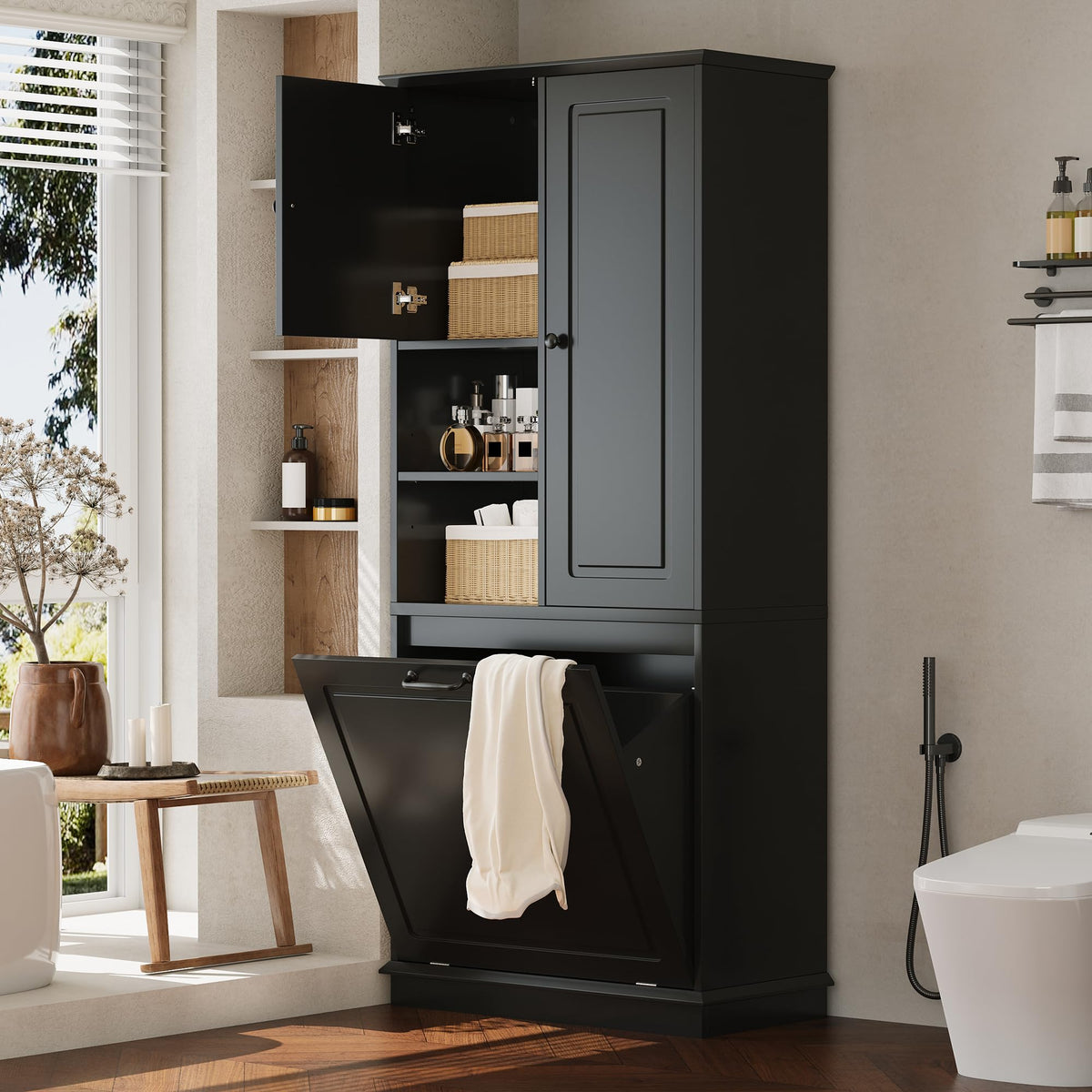 68" Tall Bathroom Storage Cabinet with Two Doors and Laundry Hamper for Home Display Organizer