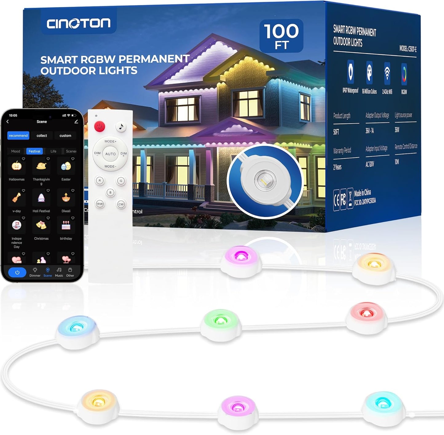 CINOTON Permanent Outdoor Lights 100ft, Smart RGBW Eaves Lights with 72 LEDs, IP67 Waterproof, 111 Scene Modes for Daily and Festival, Halloween Christmas Party Holiday Decor, APP/Voice/Remote Control