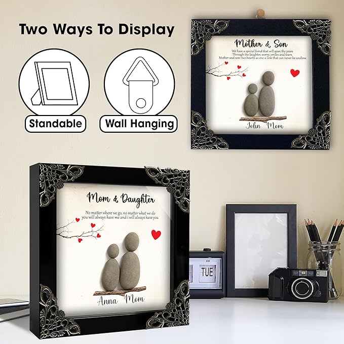 vinacreations Personalized Mom Dad Birthday Gift from Daughter or Son, Custom Pebble Art Frame, Engraved Mom Keychain, Parent Ever Keepsake for Mother’s Day or Valentine’s Day
