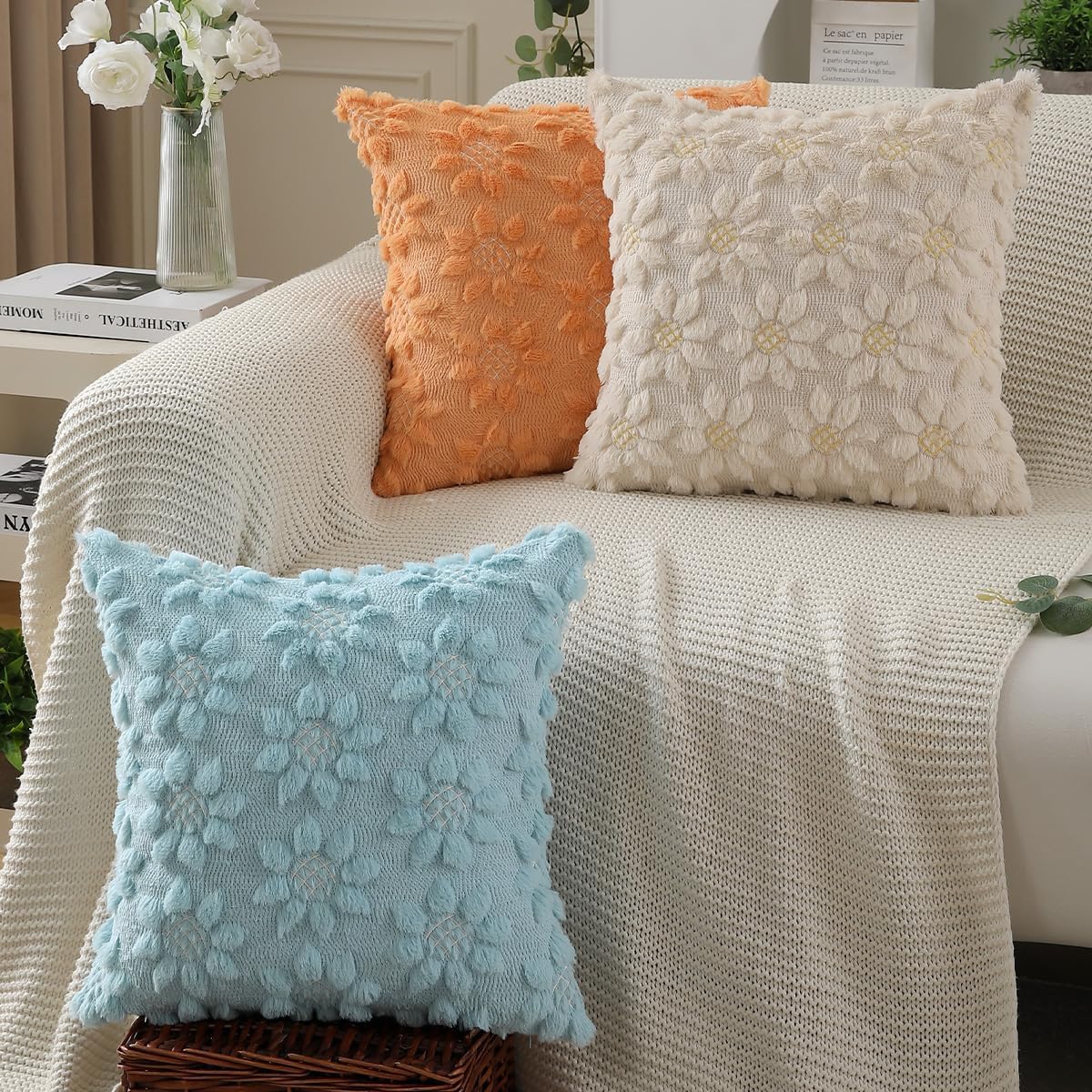 DFXSZ Spring Summer Pillow Covers 18x18 inch Set of 2 Farmhouse Decor White Flower Heart Sunflower Orange Soft Plush Faux Fur Jacquard Throw Pillows for Sofa Holiday Spring Home Decor PTK024H18