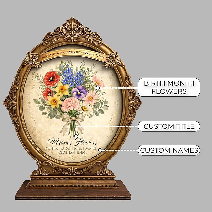 Mother Birthday Gifts from Daughter Son, Personalized Birth Month Flower Wooden Sign, Gift Mothers Day for Mom Nana Wife, Mimi Gifts for Grandma, Family Keepsake Plaque for Home Décor