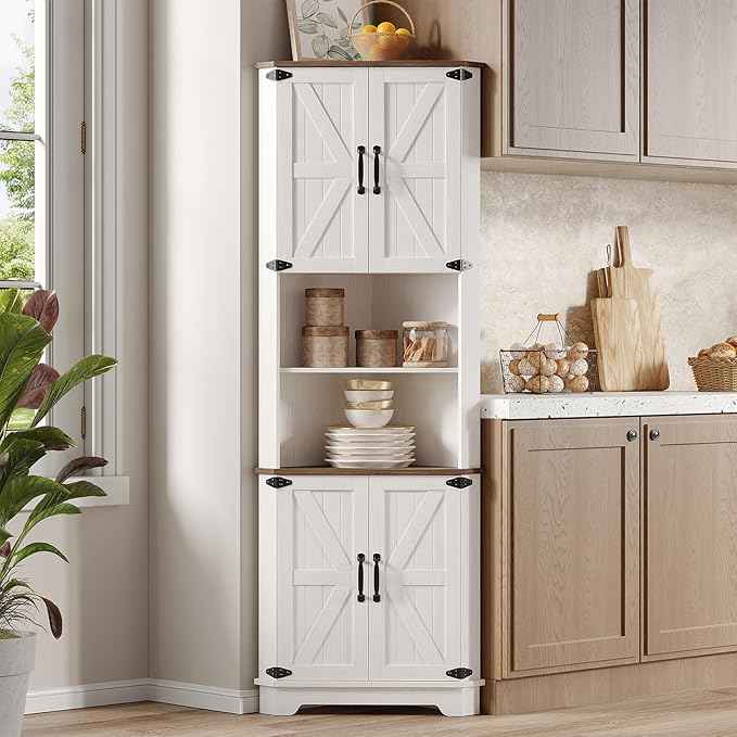 Vabches 68.9" Tall Corner Cabinet, Farmhouse Style Storage Cabinet with Adjustable Shelve, Barn Door Design, Home Space Saver for Kitchen,Bathroom, Living Room, Dining Room (White)