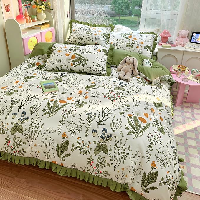 Queen Comforter Set Green Floral Comforter Queen Size Cute Flower Plants Botanical Comforter Romantic Girls Ruffle Lace Bedding Set Comfy Fluffy Soft Cottagecore Comforter Set with 2 Pillowcases