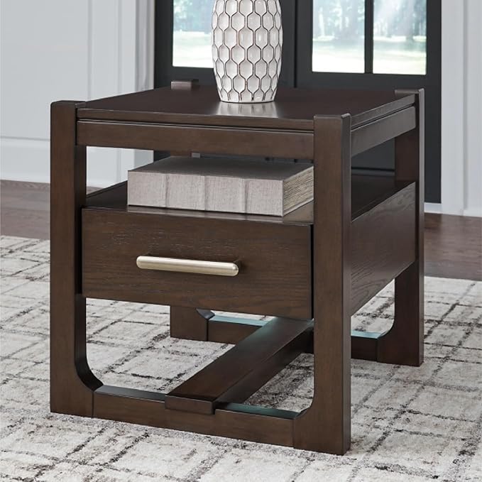 Signature Design by Ashley Breckington Modern End Table with 1 Drawer, Open Shelf and Trestle Base, Dark Brown