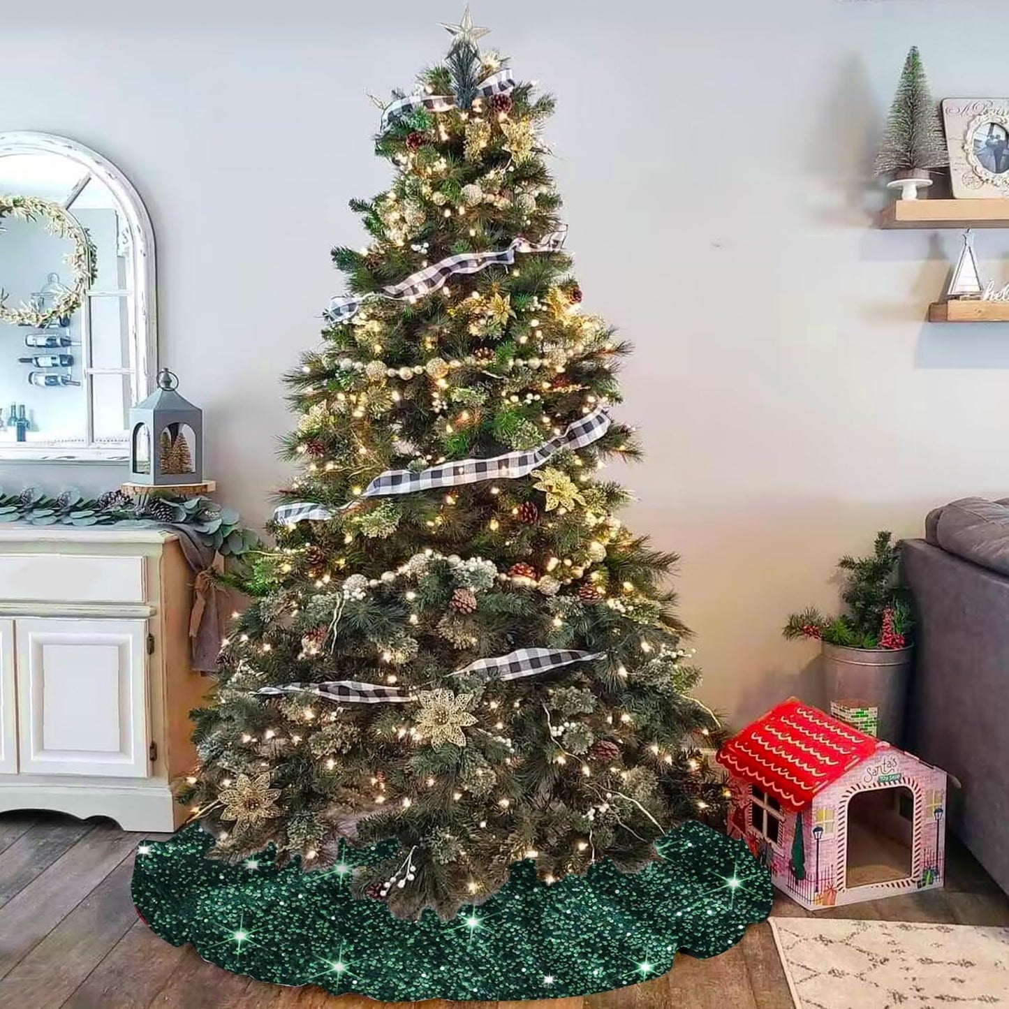 MODFUNS Green Christmas Tree Skirt Black 46 Inches Mermaid Sequin Tree Skirts Thick Velvet Tree Mat Artificial Glitter Tree Cover Skirt for 6FT Tree Shimmer Rustic Tree Skirt Fabric Decorations