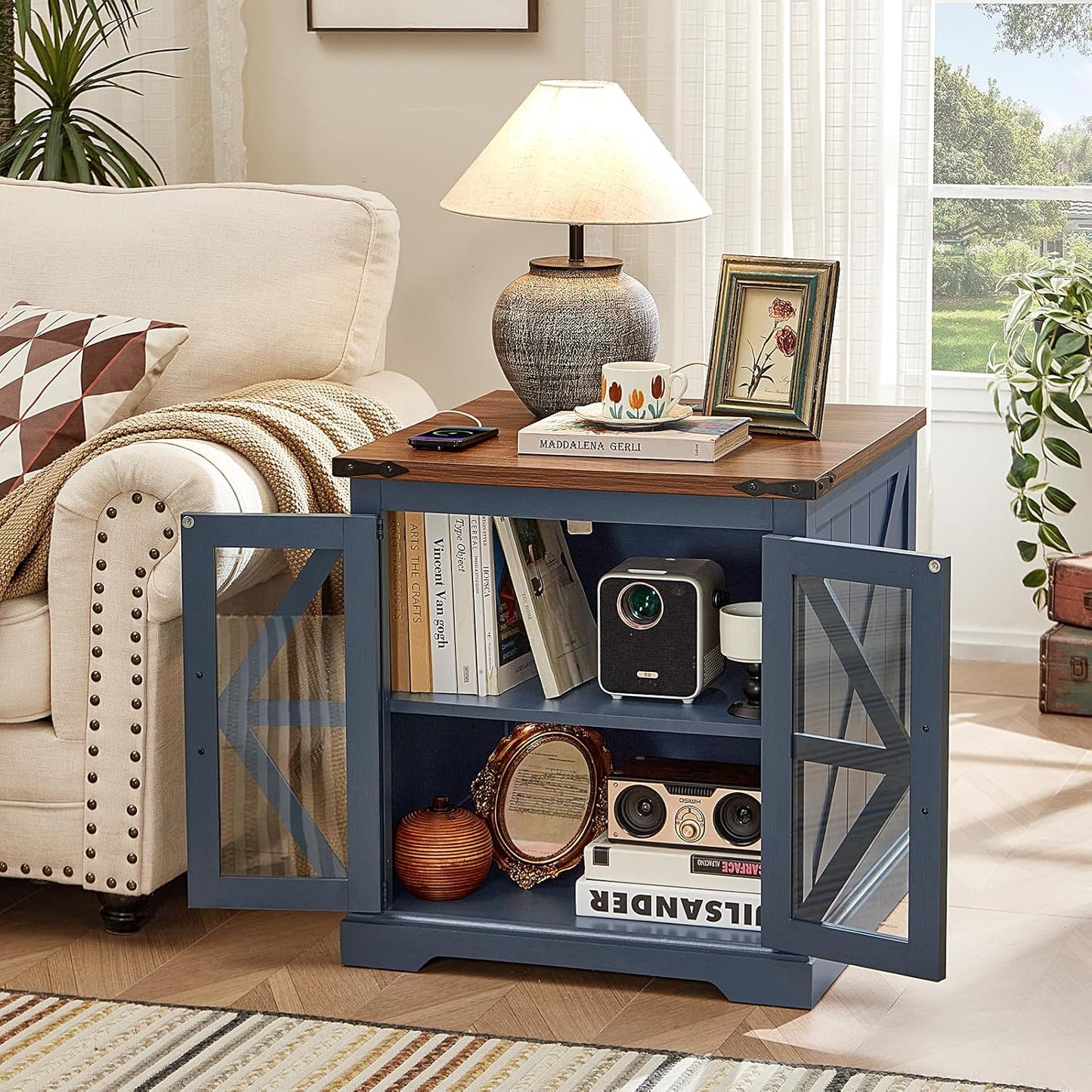 24" End Table with Charging Station, Farmhouse Night Stand with Glass Barn Door, White Nightstands with Adjustable Storage Shelf, Large Wood Square Bed Side Table for Living Room,Bedroom