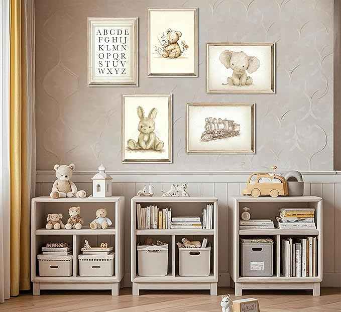 Vintage Nursery Wall Art Cute Animals Canvas Posters Prints Bear Rabbit Elephant Painting Artwork Retro Farmhouse Children's Playroom Educational enlightenment Wall Decor 8x10 Inch Unframed Set Of 5