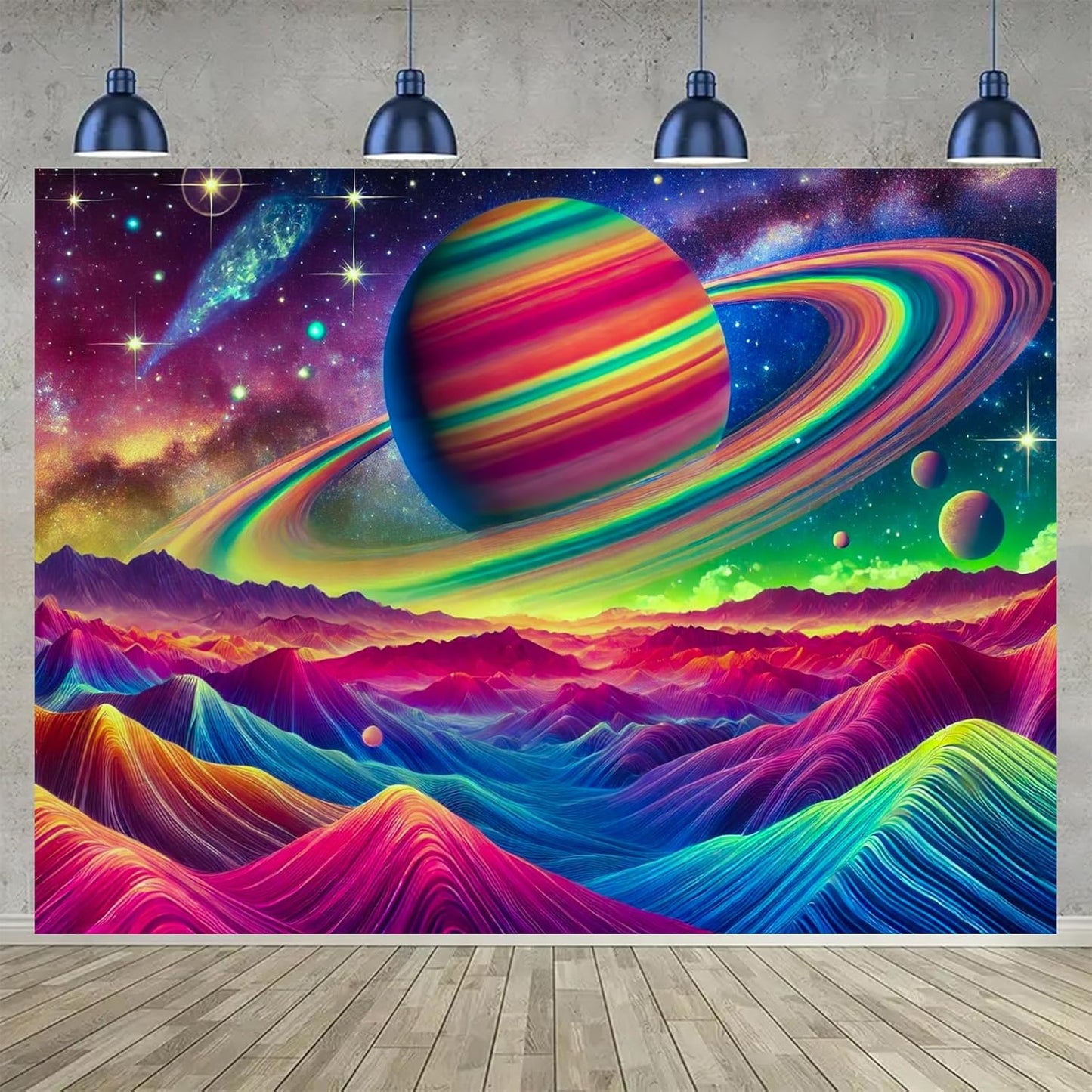 BlissYard Psychedelic Saturn Landscape UV Black Light Tapestry 78x59 Inches Art Color Neon Light Background Bedroom Living Room Wall Party Decoration Galaxy Planet Ringed Space Mountain Sci-Fi Scene