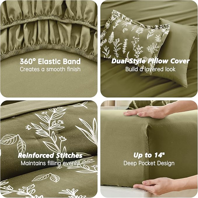 MUXHOMO Olive Green Bed in a Bag Queen 7 Pieces, Queen Comforter Set Reversible Botanical Flowers Design, Ultra Soft & Breathable Bedding Sets with Comforter, Sheets, Pillowcases & Shams
