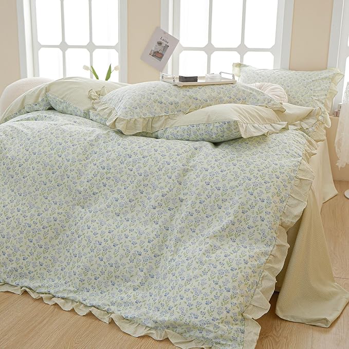 LifeTB Green Floral Comforter Set Twin XL Romantic Ruffled Comforter Blue Flower Bedding Comforter Set Soft Microfiber Floral Bedding Set Lightweight Fluffy Vintage Botanical Comforter for All-Season