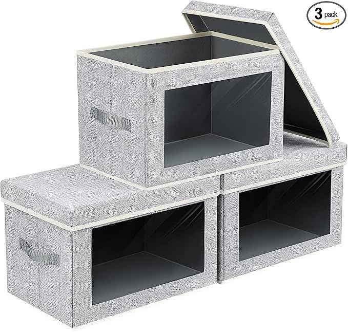 Fabric Storage Bins with Lids - 3 Packs Storage Cubes with Window, Foldable Storage Baskets Bins for shelves, Closet Storage Boxes for Towels, Clothes, Home, Office, Blended