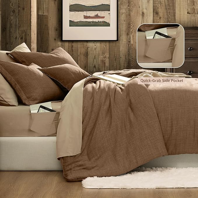 Geniospin King Comforter Set - 7 Pieces Comforter King Size, Soft Solid Bedding Set for All Season, Textured Bed in a Bag with Sheets, Pillowcases & Shams(Brown, 102''x90'')